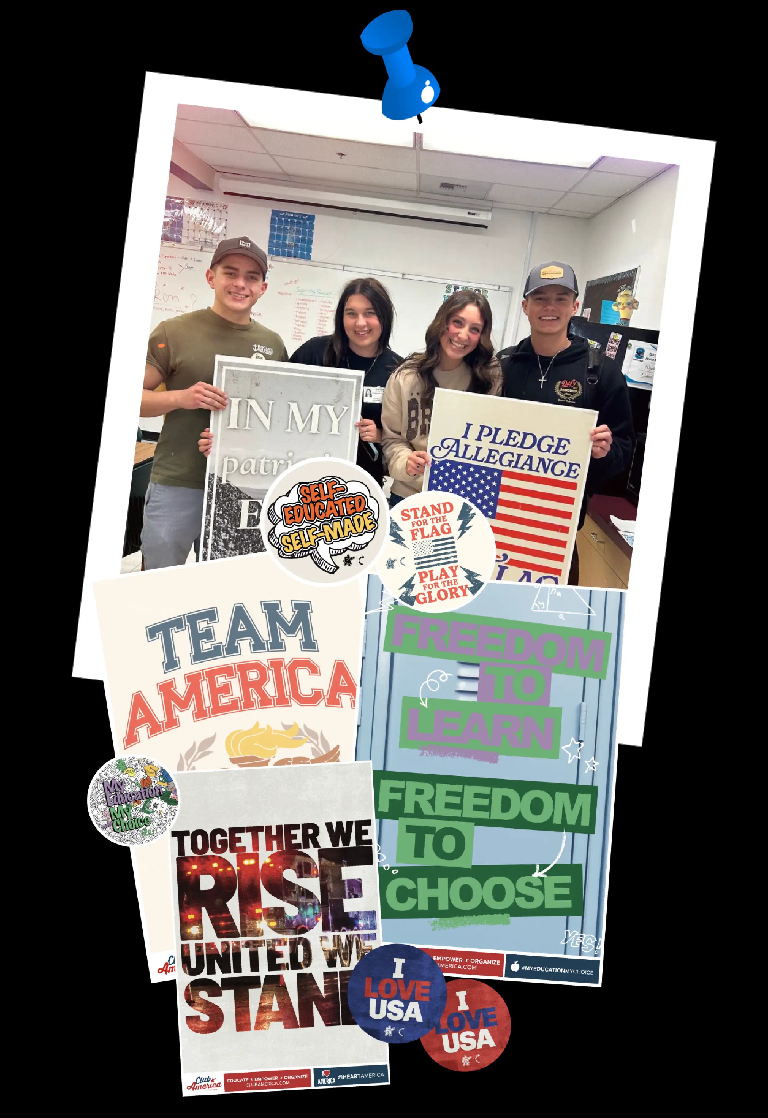 Photograph of students holding signs and other badges, pins and stickers